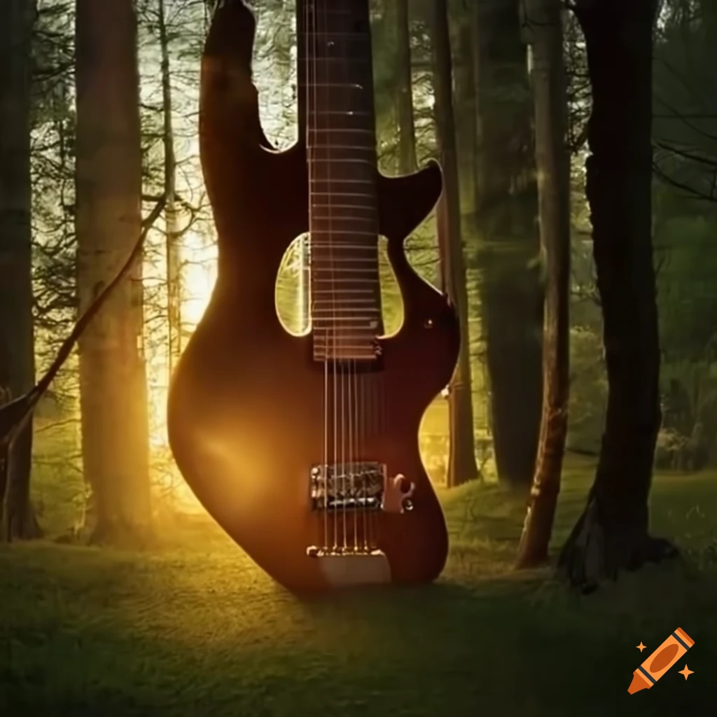 surreal image of a guitar forest at sunrise