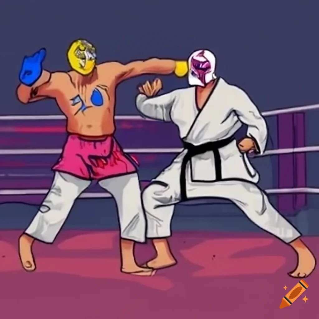 karateka vs luchador in a vibrant ring match