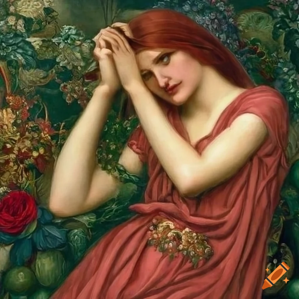 Detailed pre-raphaelite style artwork of a beautiful woman with red ...