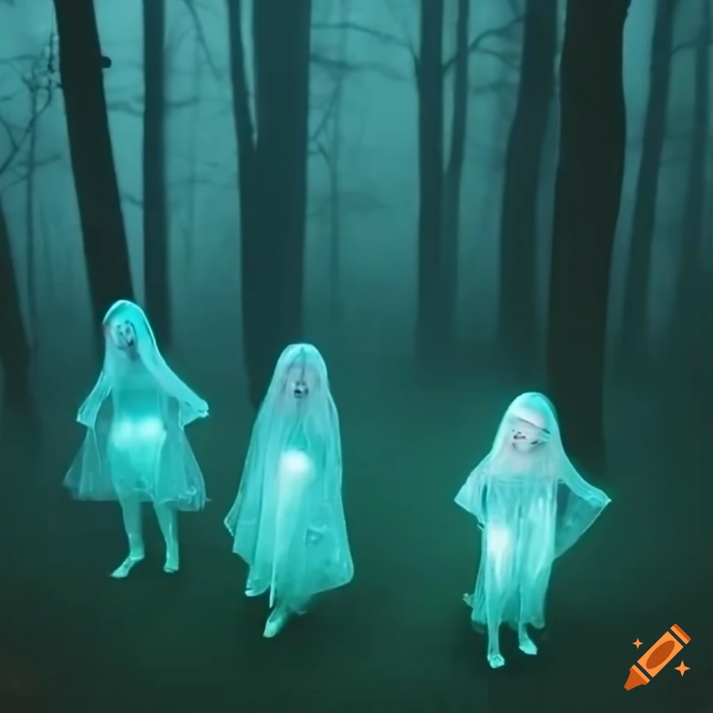 image of glowing blue ghost girls playing in a dark forest