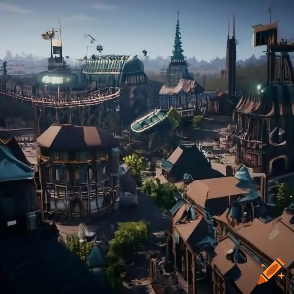 view of a photorealistic amusement park with a rollercoaster