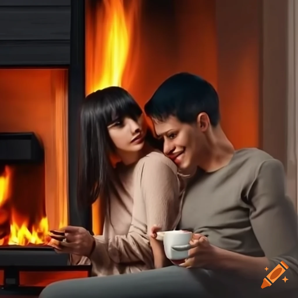 couple sitting on the sofa by the fireplace