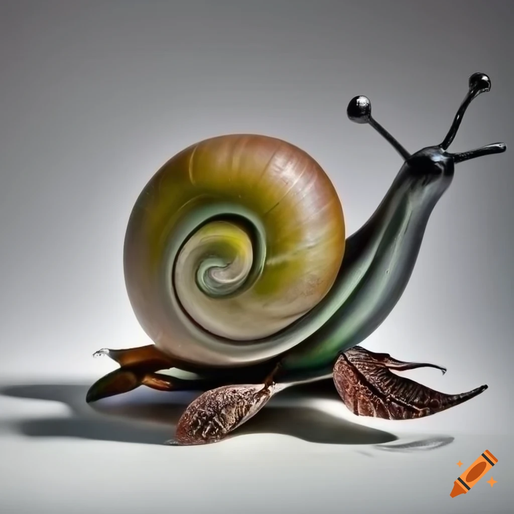 glass snail sculpture on metal leaf base