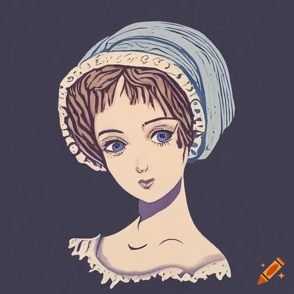 stylized linocut of a haughty young lady in a regency bonnet