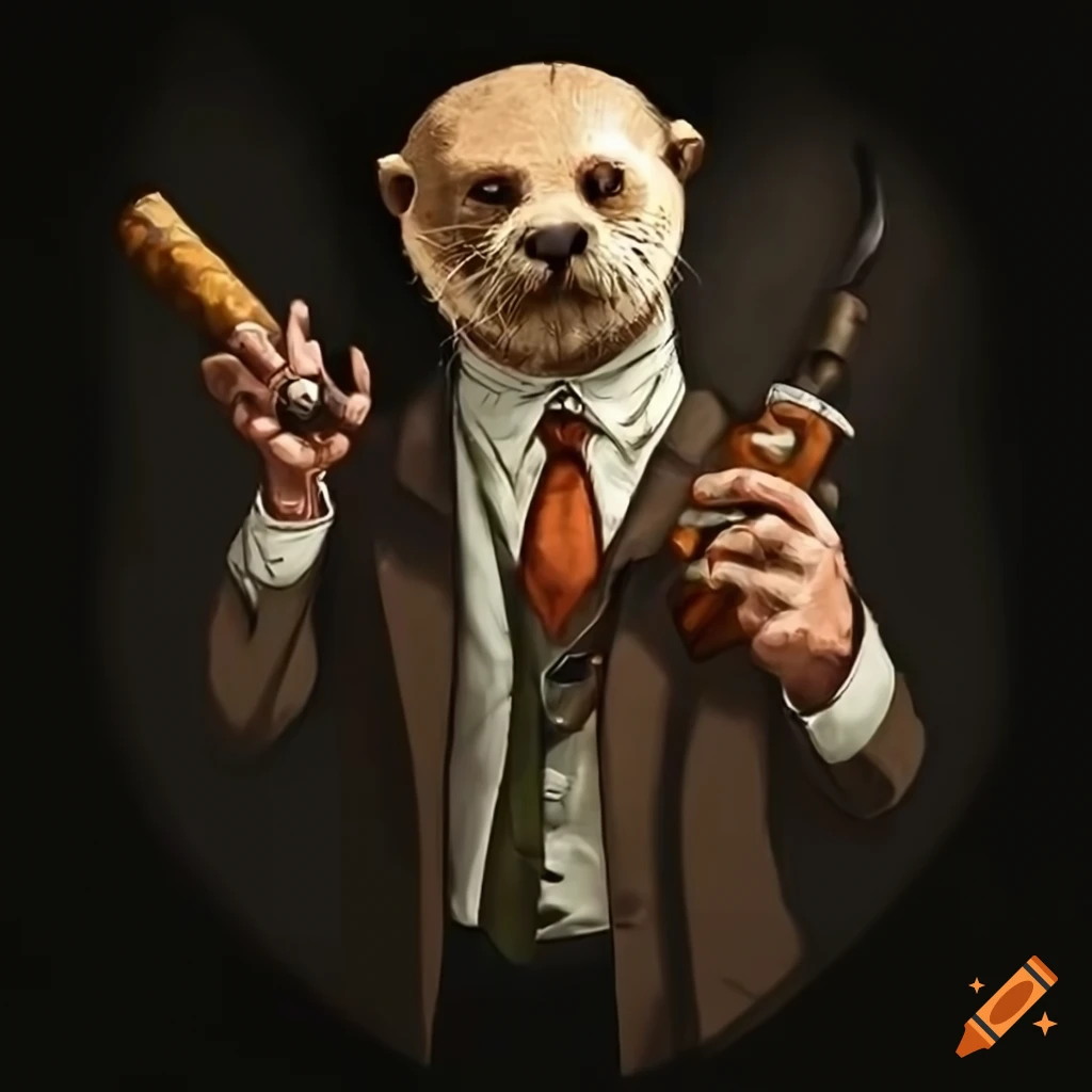 humorous otter portrait with cigar and revolver