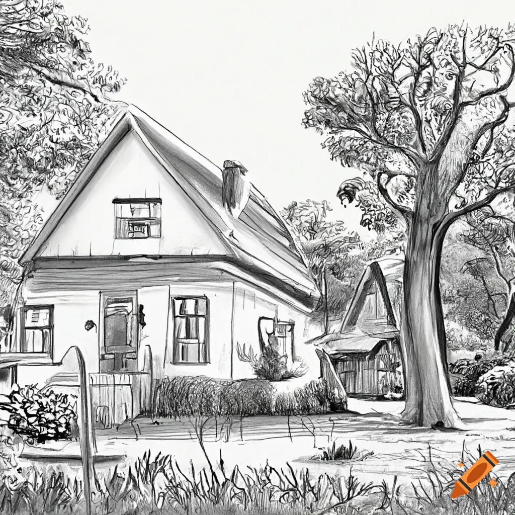 black and white pencil sketch of a backyard with oak trees