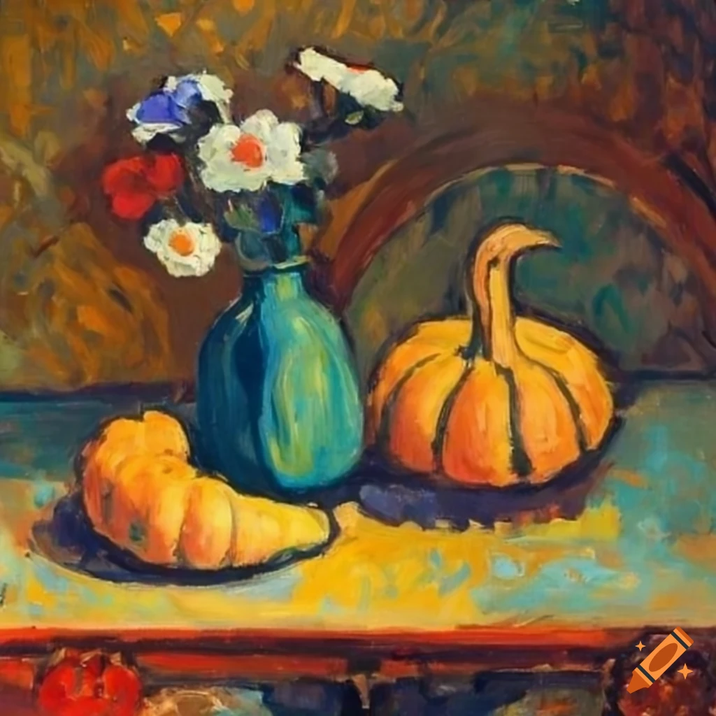 still life with pumpkins and flowers in Gabriele Münter style