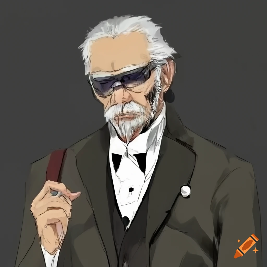 Metal Gear Solid-style artwork of an elderly man in a tuxedo
