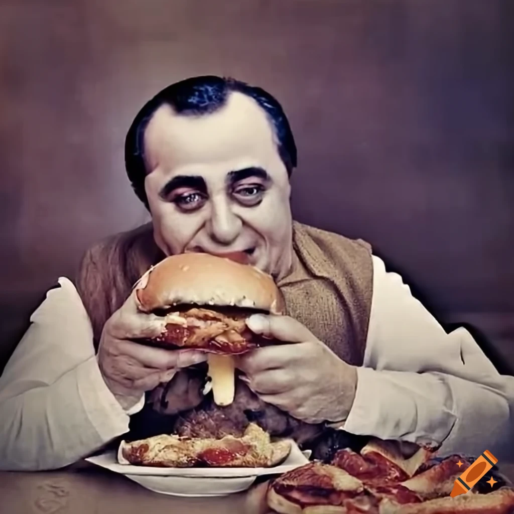 Vintage photo of al capone enjoying a burger