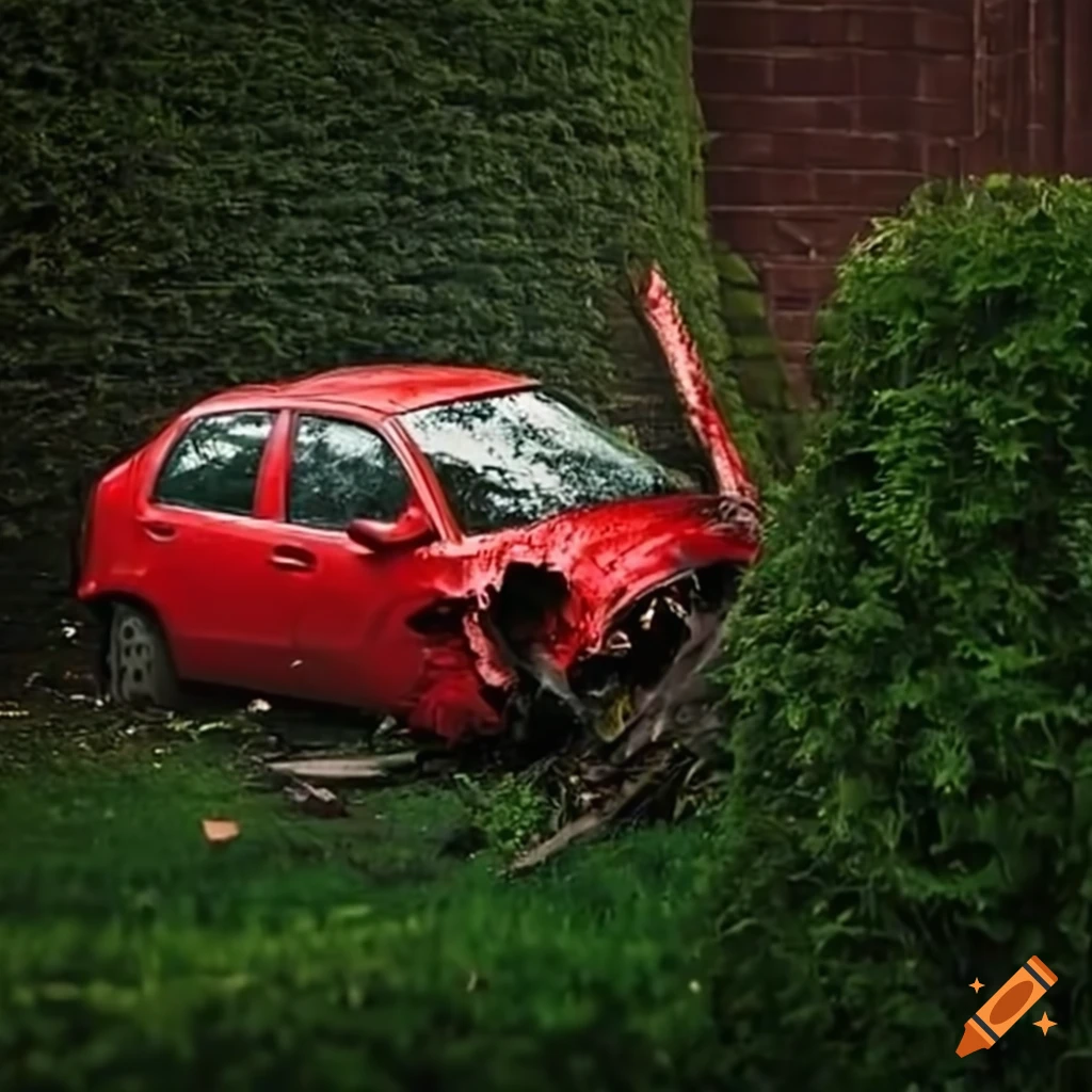 red car crash cutting through a hedge fence