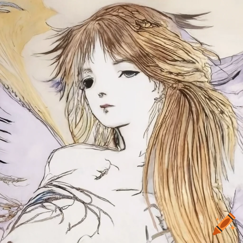 Angel girl in heavenly setting by Yoshitaka Amano on Craiyon