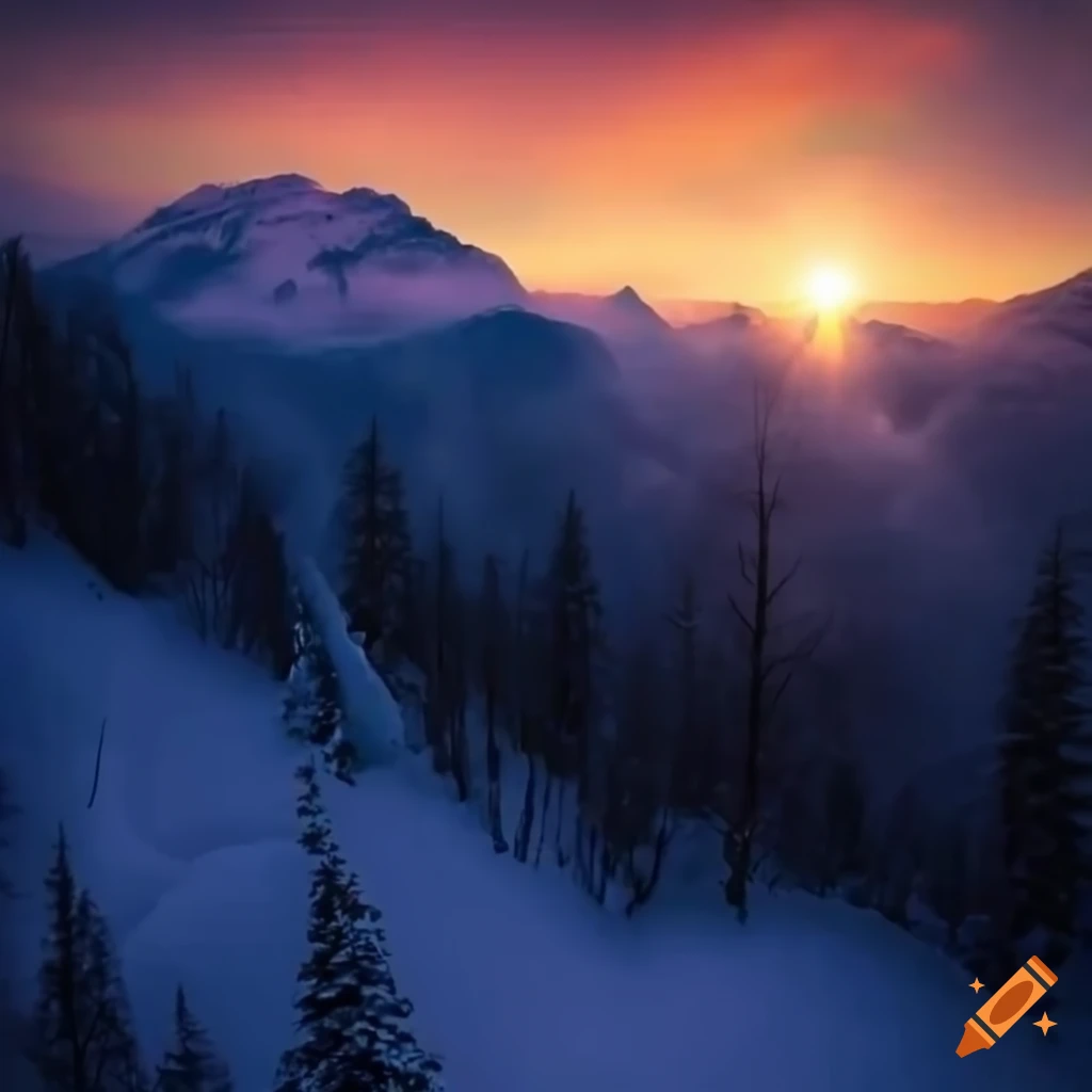 Sunrise over a snowy mountain forest valley on Craiyon