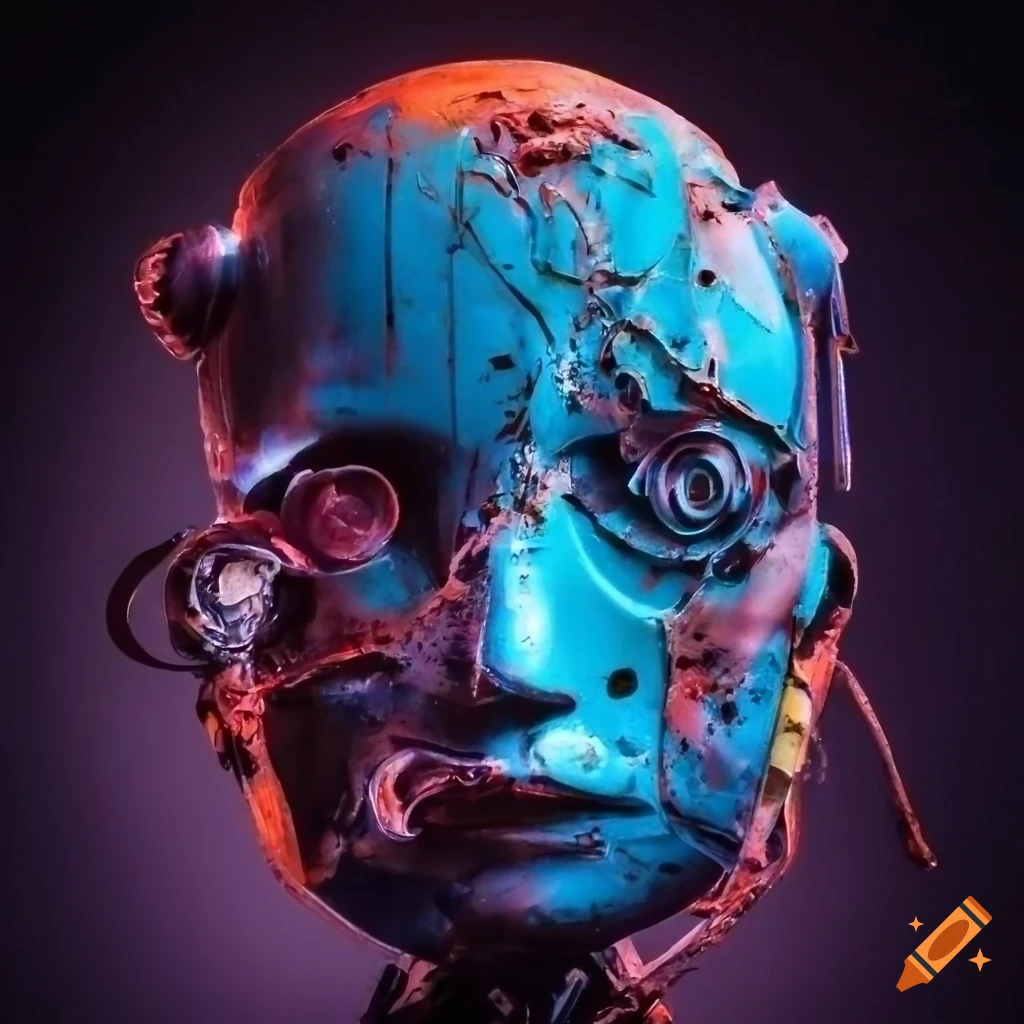 neon rusted robot face with tubes and wires