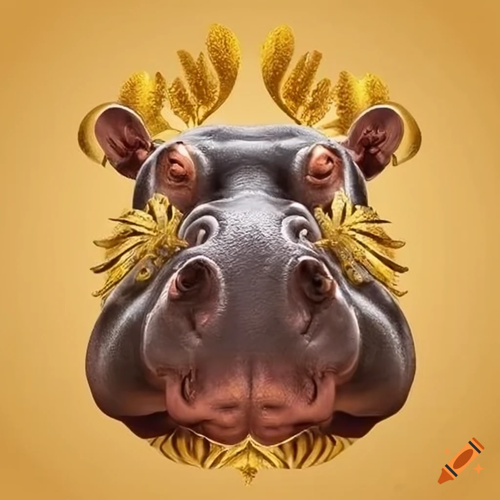 hippo adorned with a golden laurel wreath