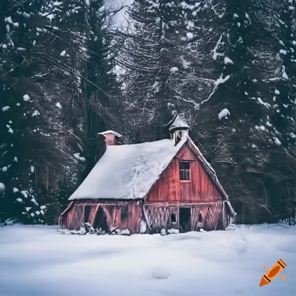 vintage farmhouse with a snowy barn and pine trees