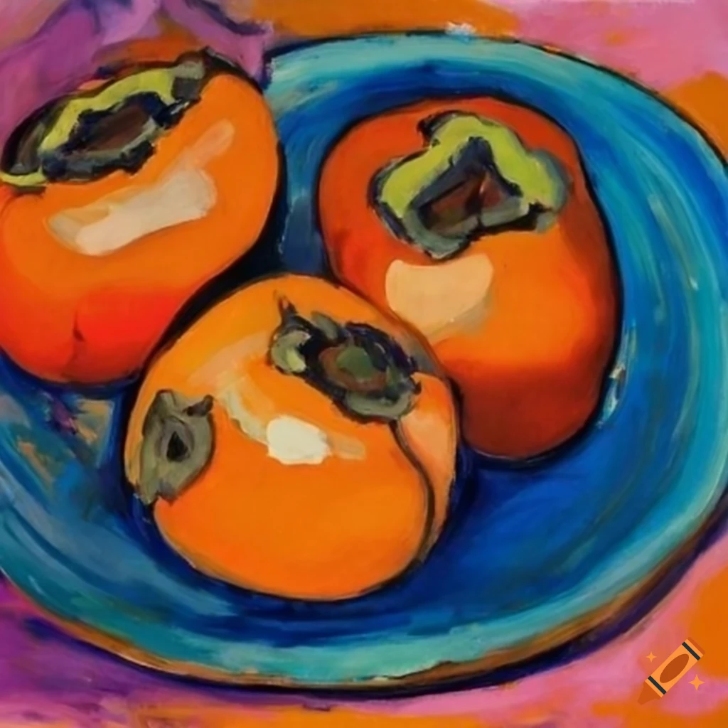 vibrant still life artwork of Christmas persimmon in a blue plate