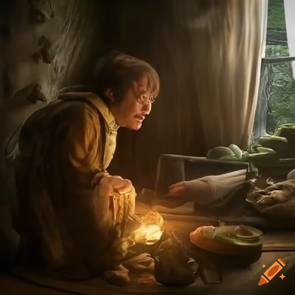 illustration of Bilbo Baggins inventing electricity