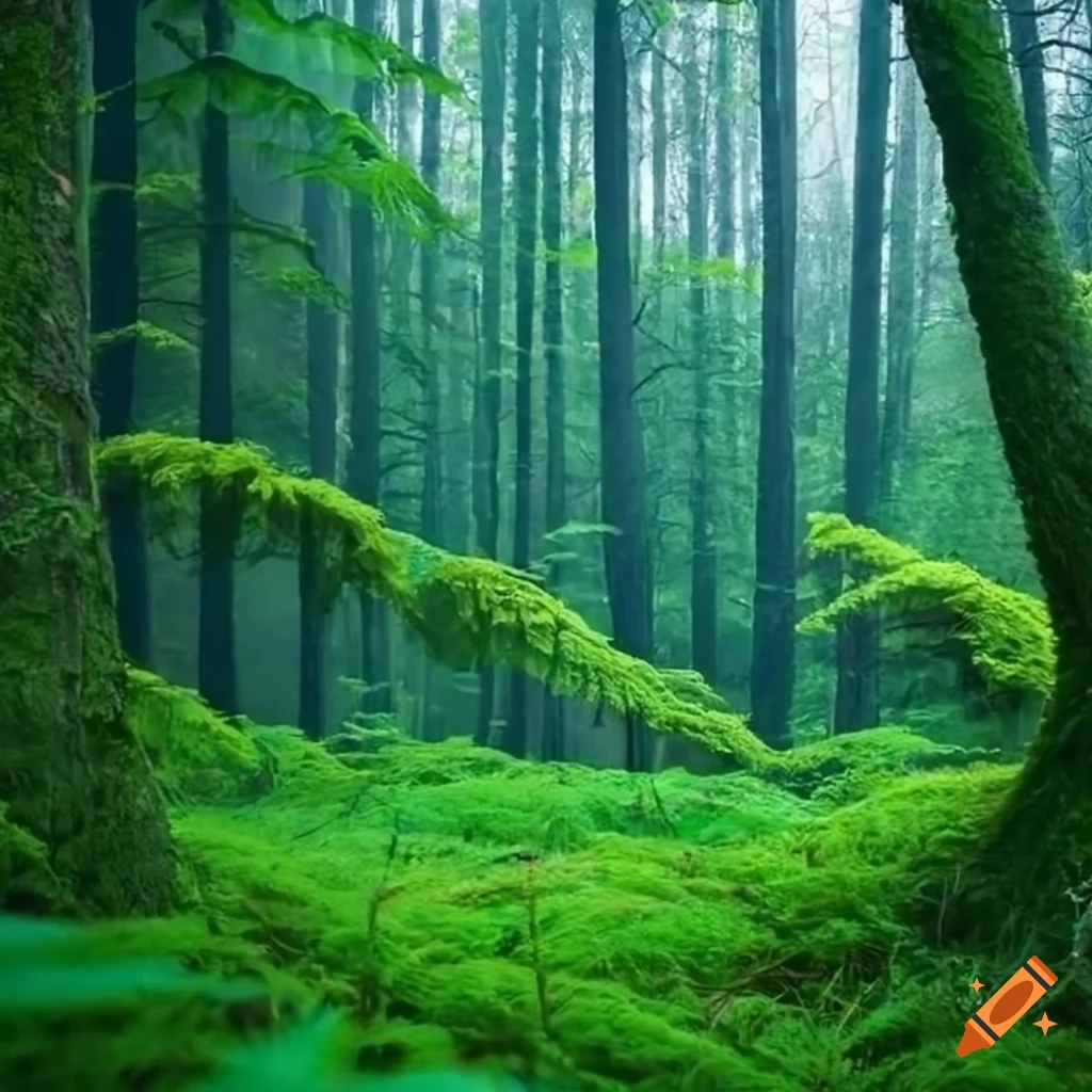 lush green forest with vibrant fern and moss