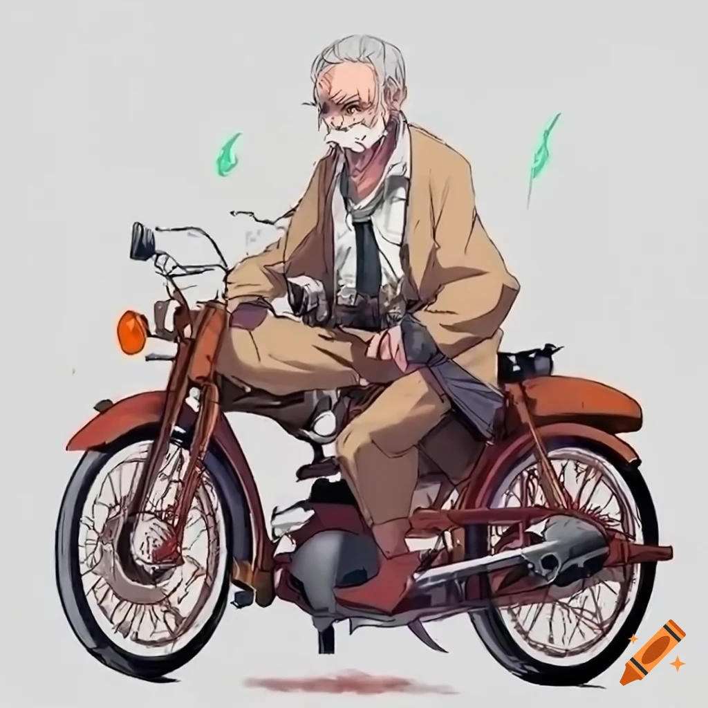 anime depiction of an old man riding a motorcycle