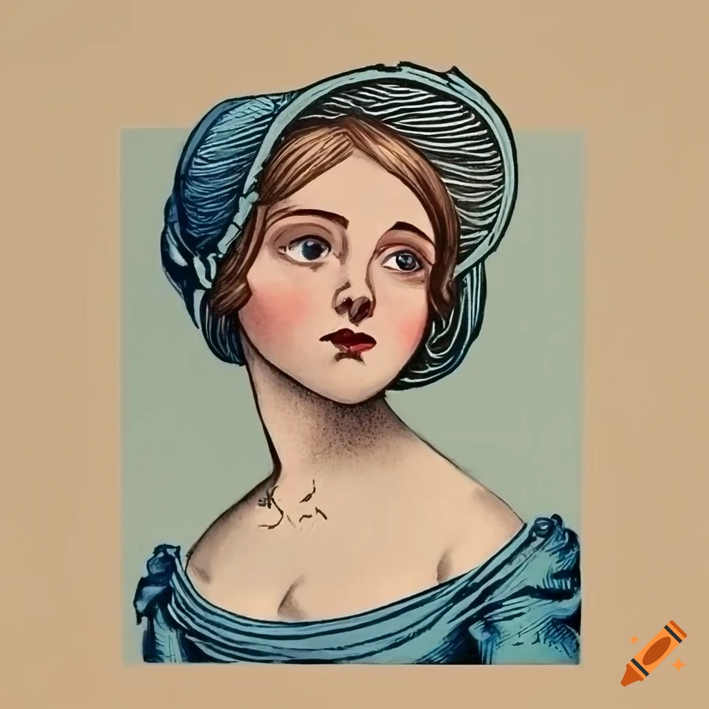 modern linocut of an aristocratic young lady in a regency bonnet