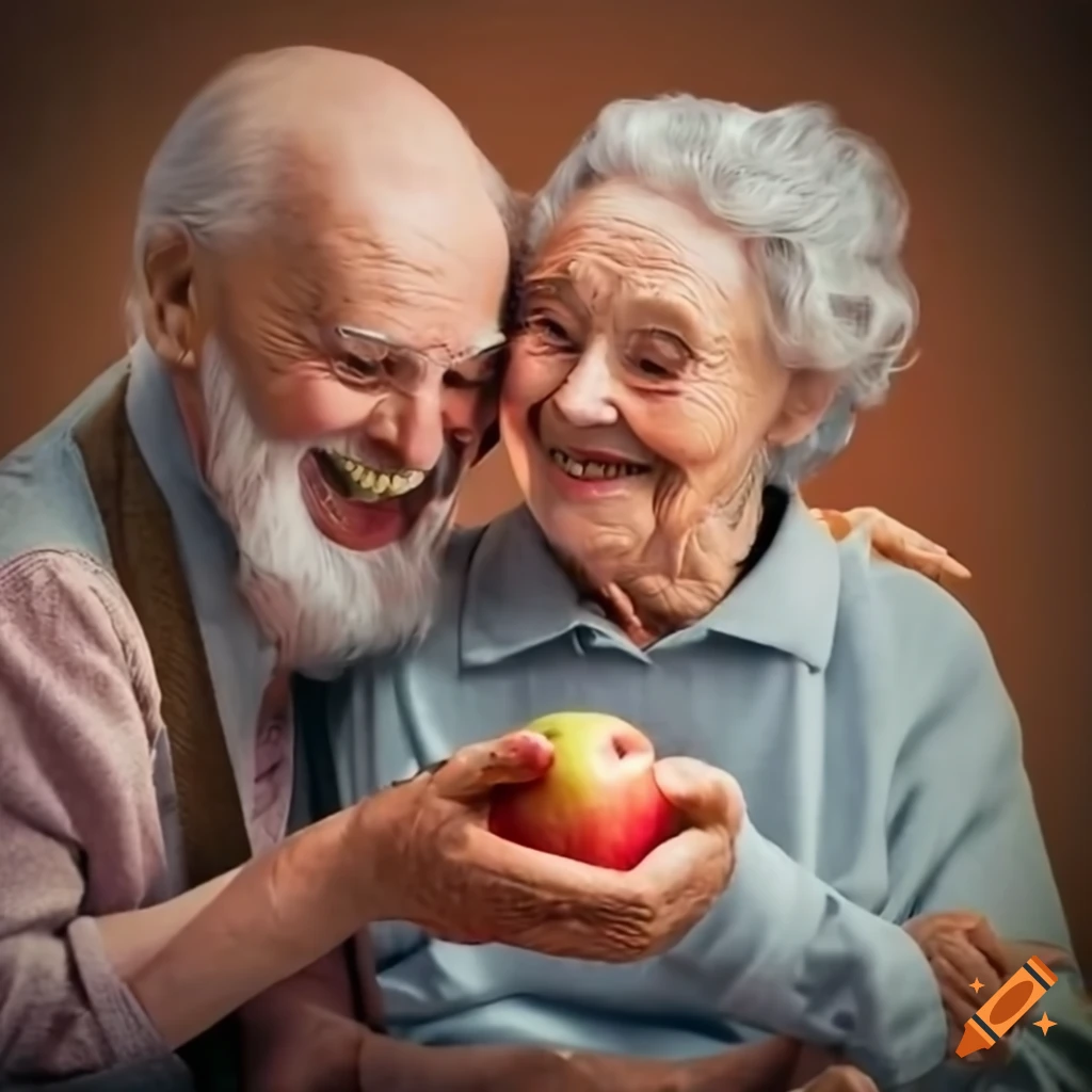 smiling grandparents eating an apple