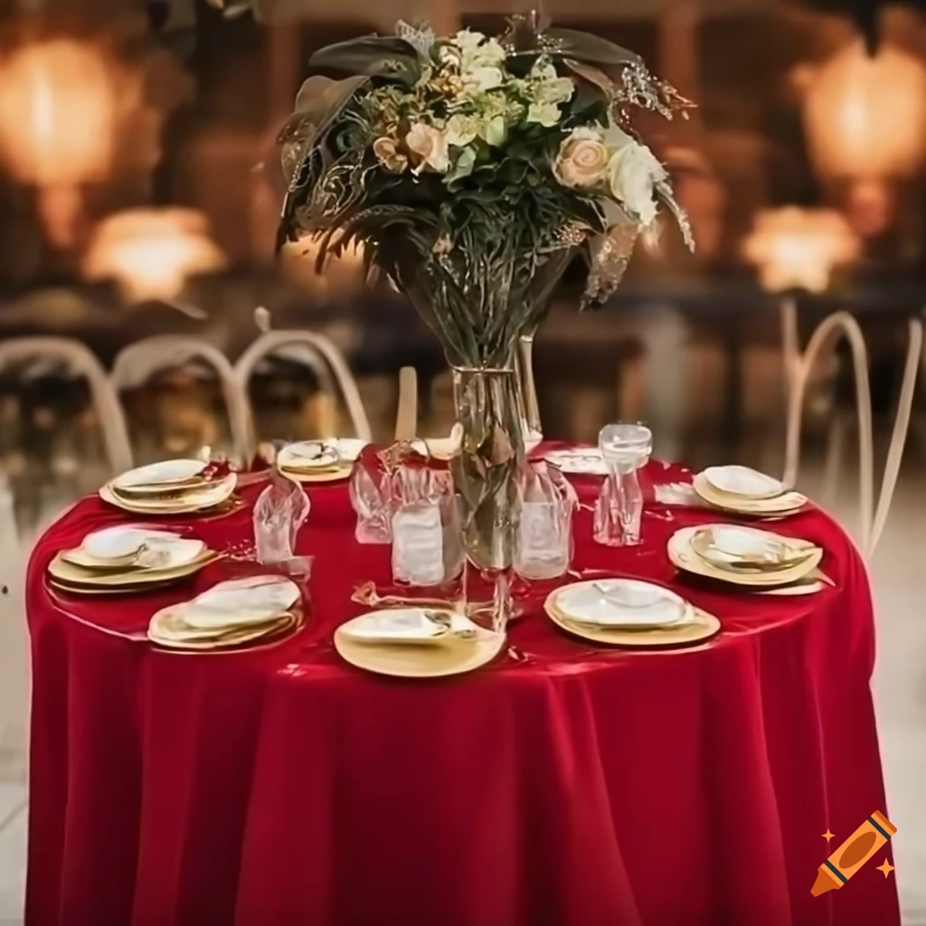 Elegant table setting with red tablecloth and gold runner on Craiyon