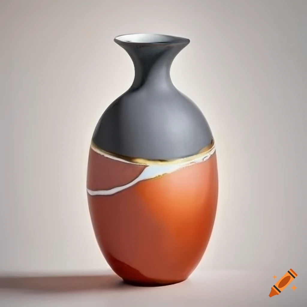 kintsugi vase with coral, white, charcoal, amber, and gold