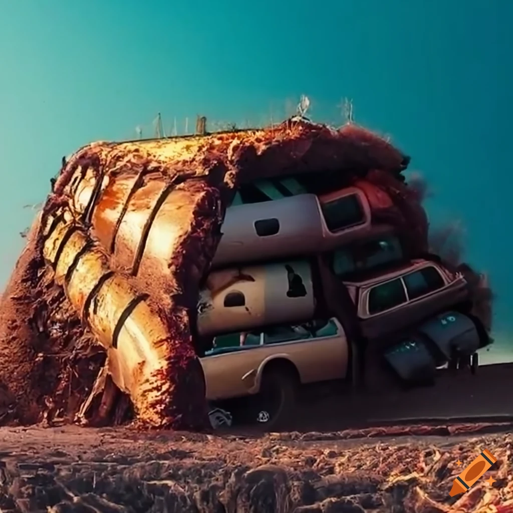 Urban car junkyard with Paris skyline in the background on Craiyon