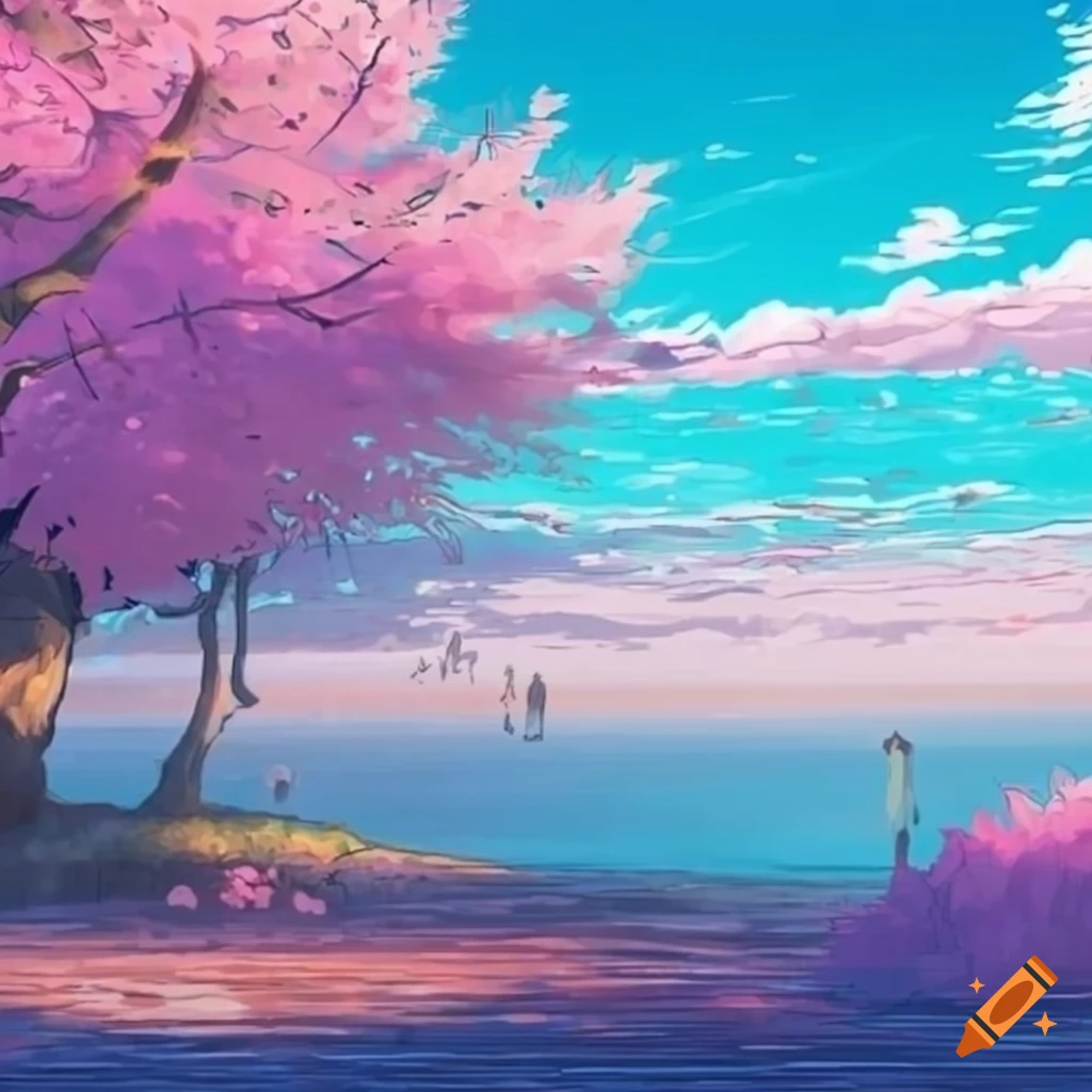 manga-style square with cherry blossom trees