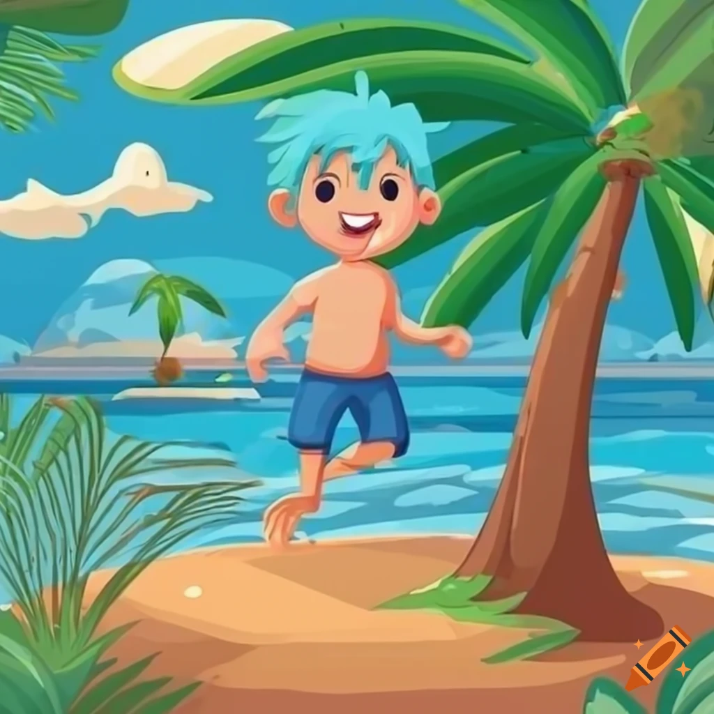 Cartoon boy jumping on a tropical island on Craiyon
