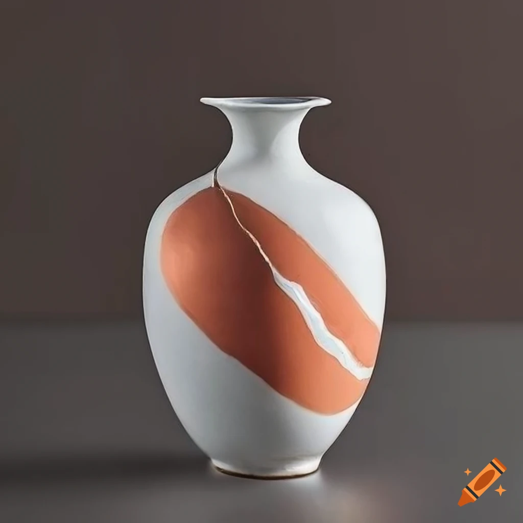 kintsugi vase with coral, white, charcoal, amber, and gold