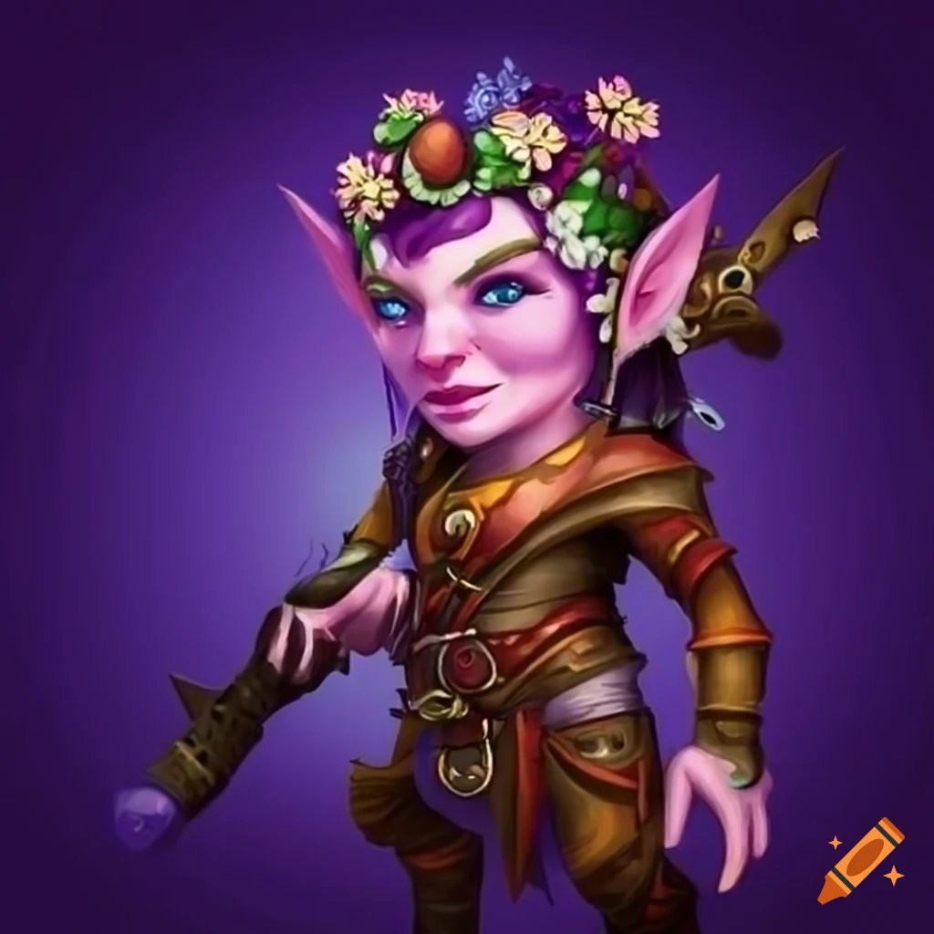 A fierce gnome warrior with violet skin and a floral crown