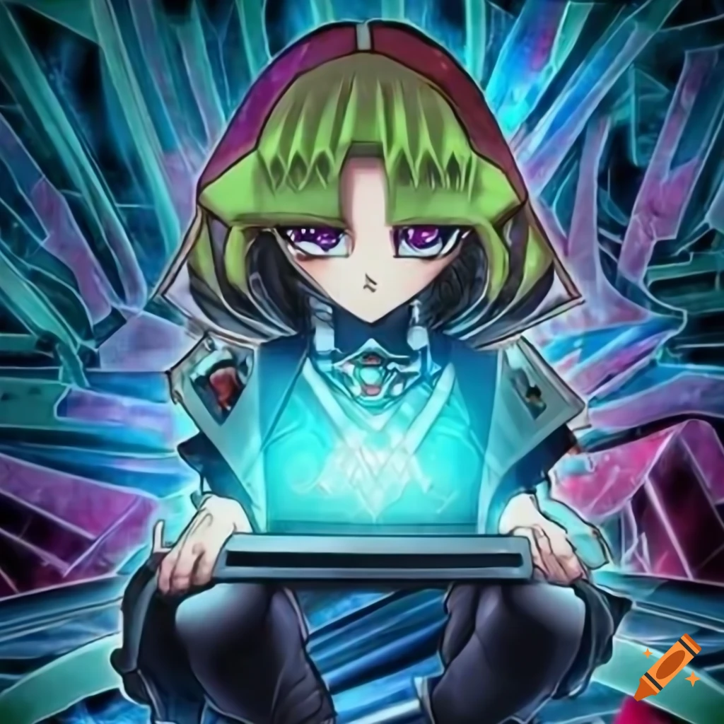 Yugioh card art featuring a character using a laptop on craiyon