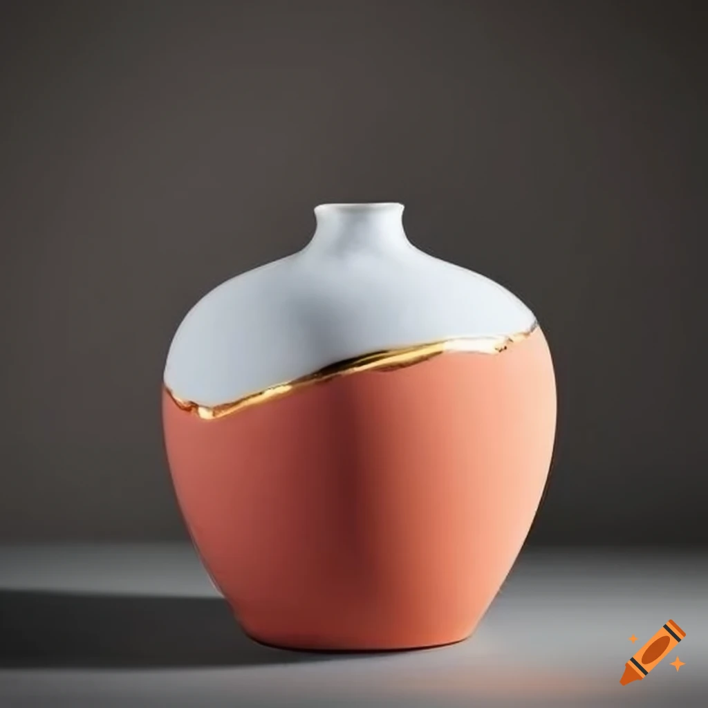 kintsugi vase with coral, white, charcoal, amber, and gold