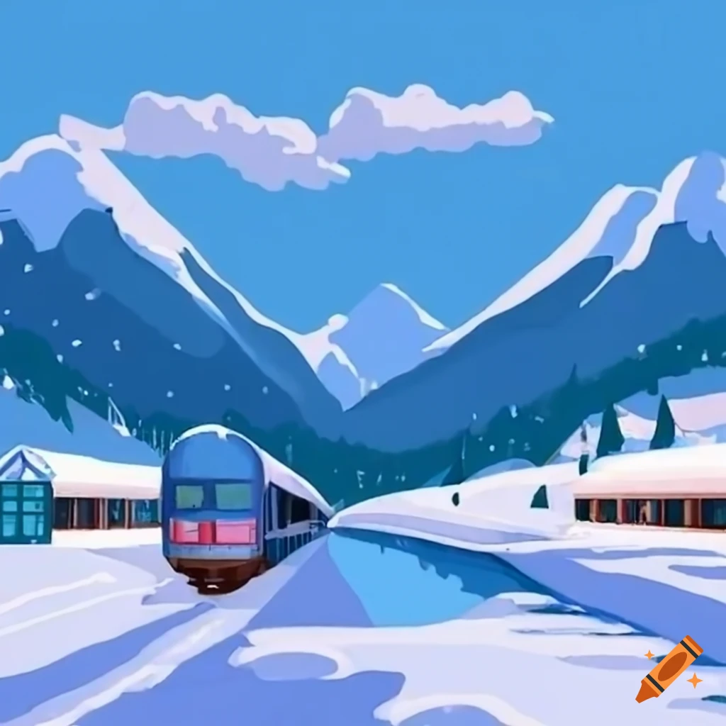 snow-covered train station under wintry sky