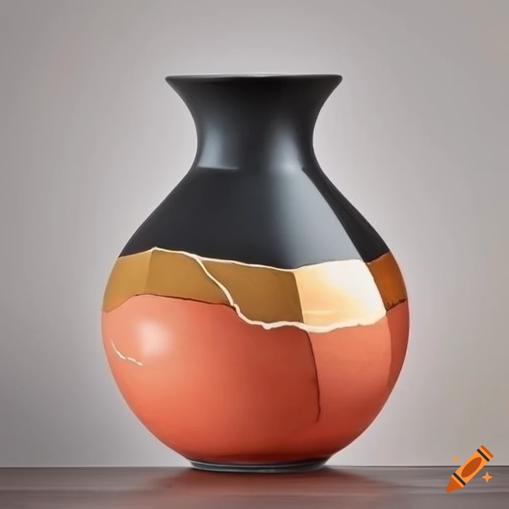 kintsugi vase with coral, white, charcoal, amber, and gold design