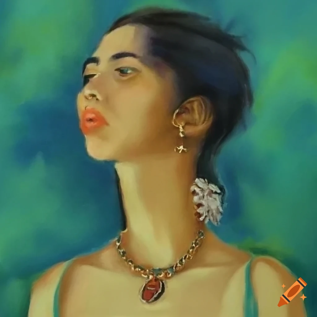 Pastel painting of a woman with gold jewelry