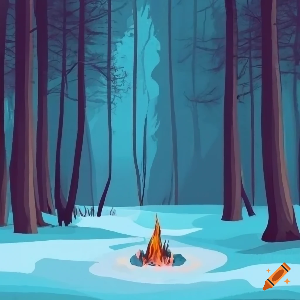 moody winter forest landscape with a distant campfire