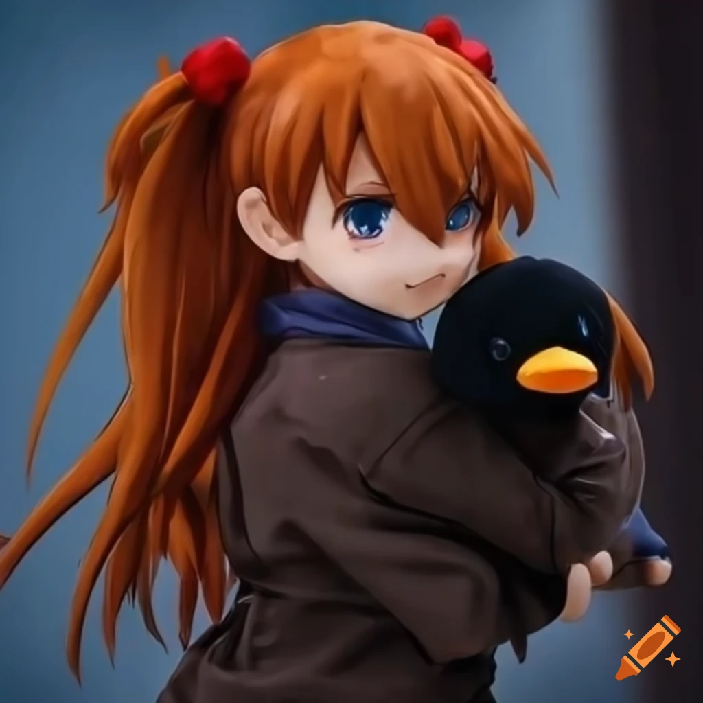 Asuka Langley with a black duck plushy