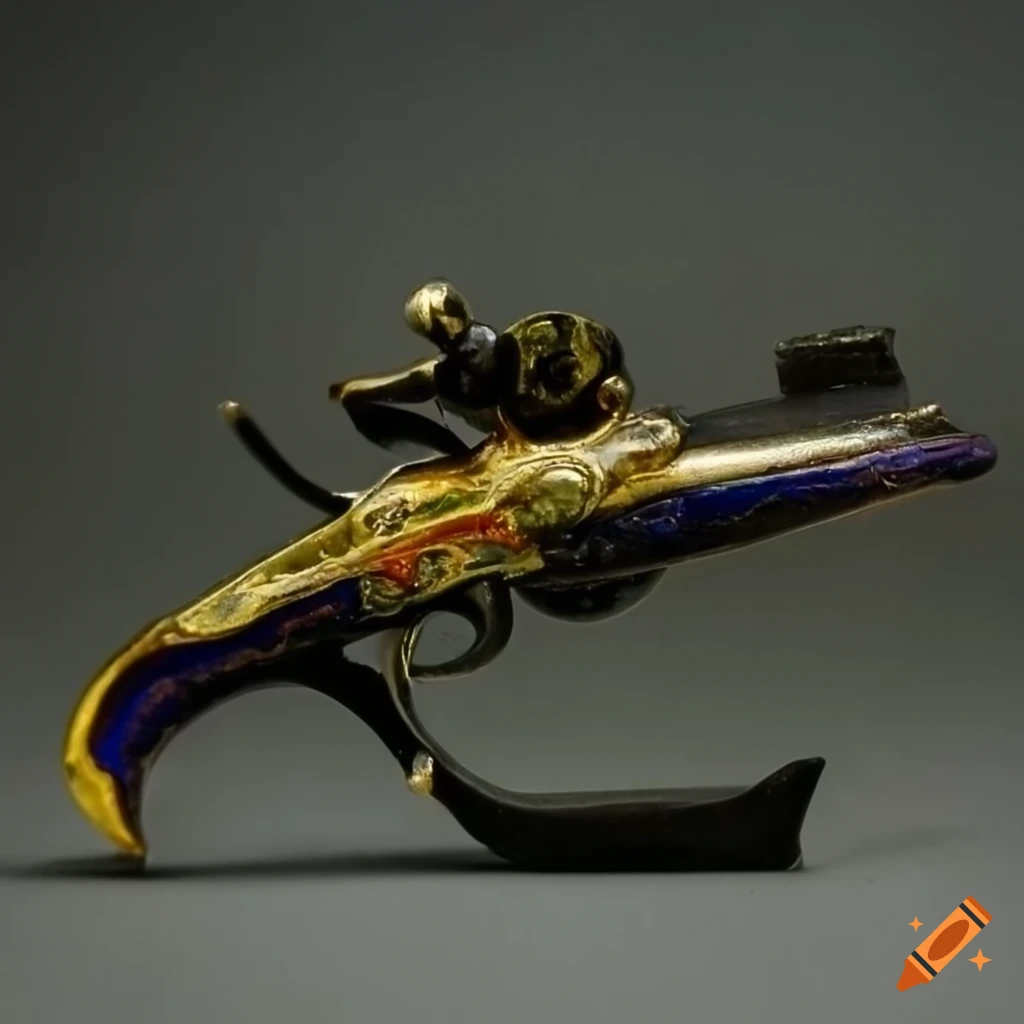 cloisonne artwork of a wasp on a flintlock pistol