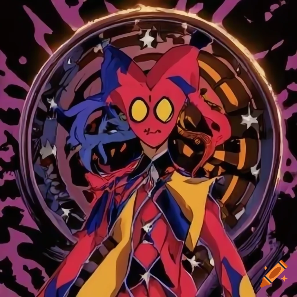 Jester Command Spell 90s anime style jester spellcaster casting a madness spell on Craiyon