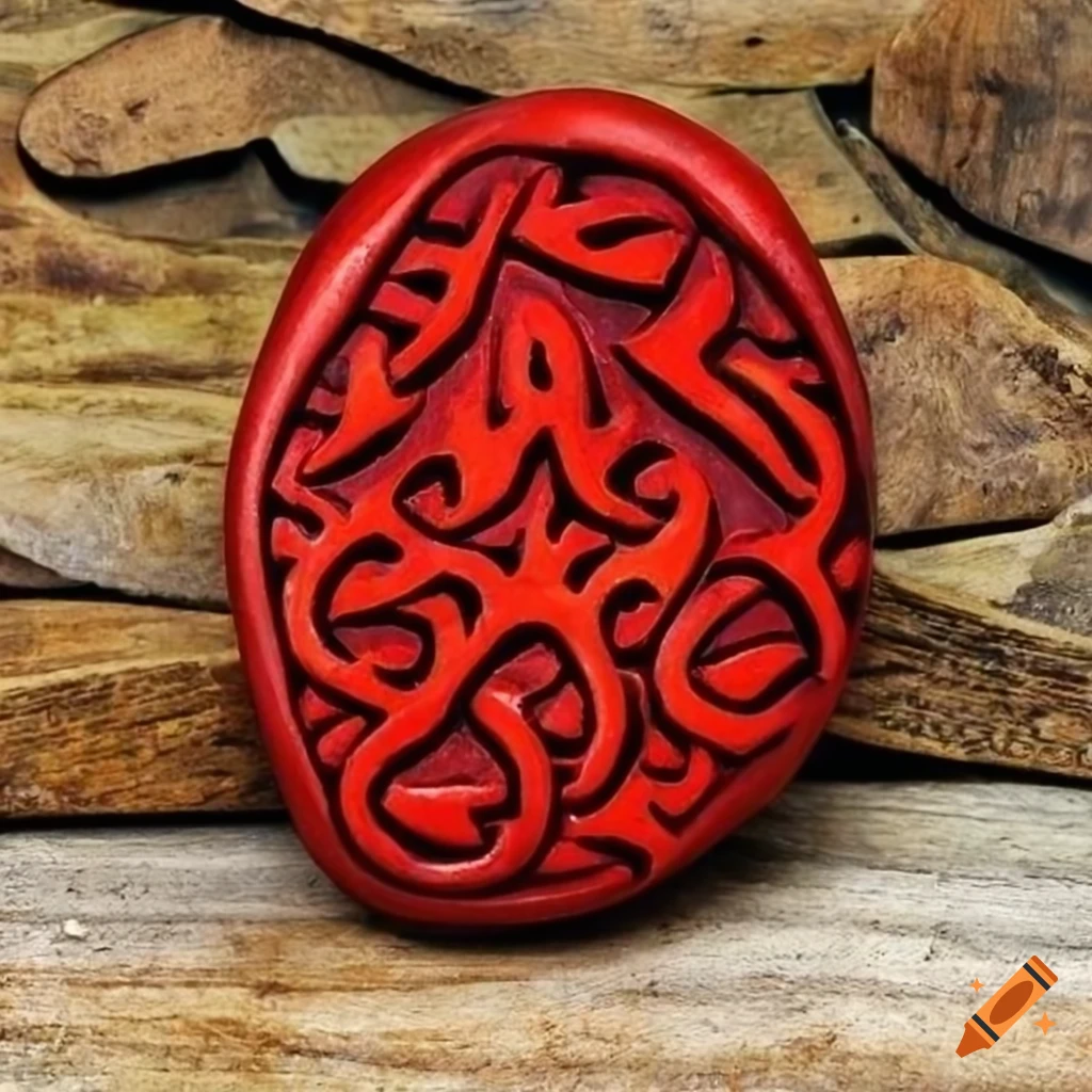 carved viking stone with fiery red flame motif