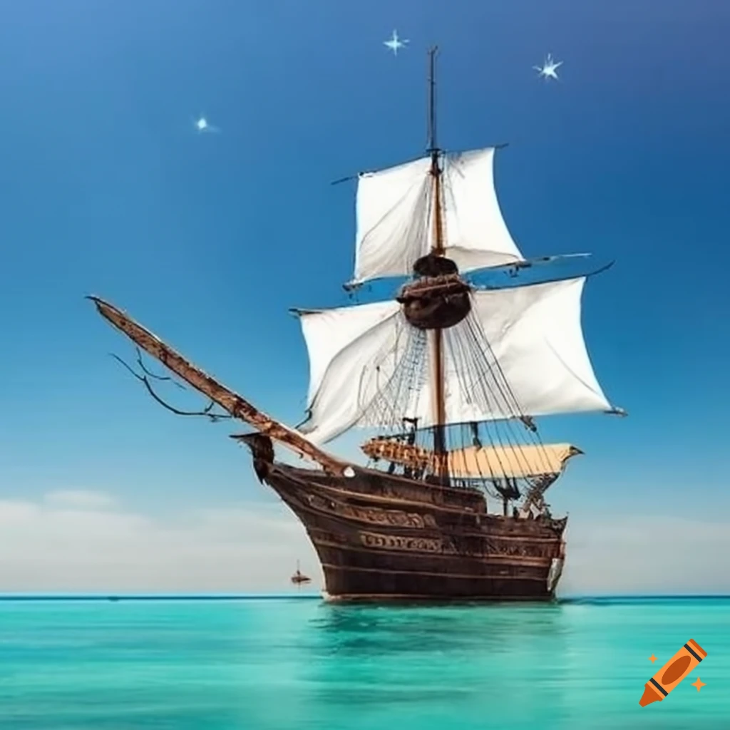 sunny beach with a beautiful pirate ship