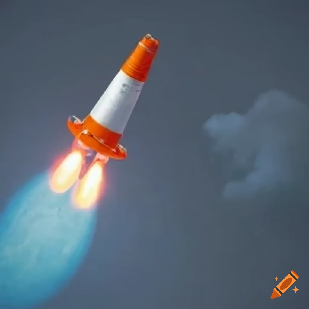 rocket-powered traffic cone reaching for the moon