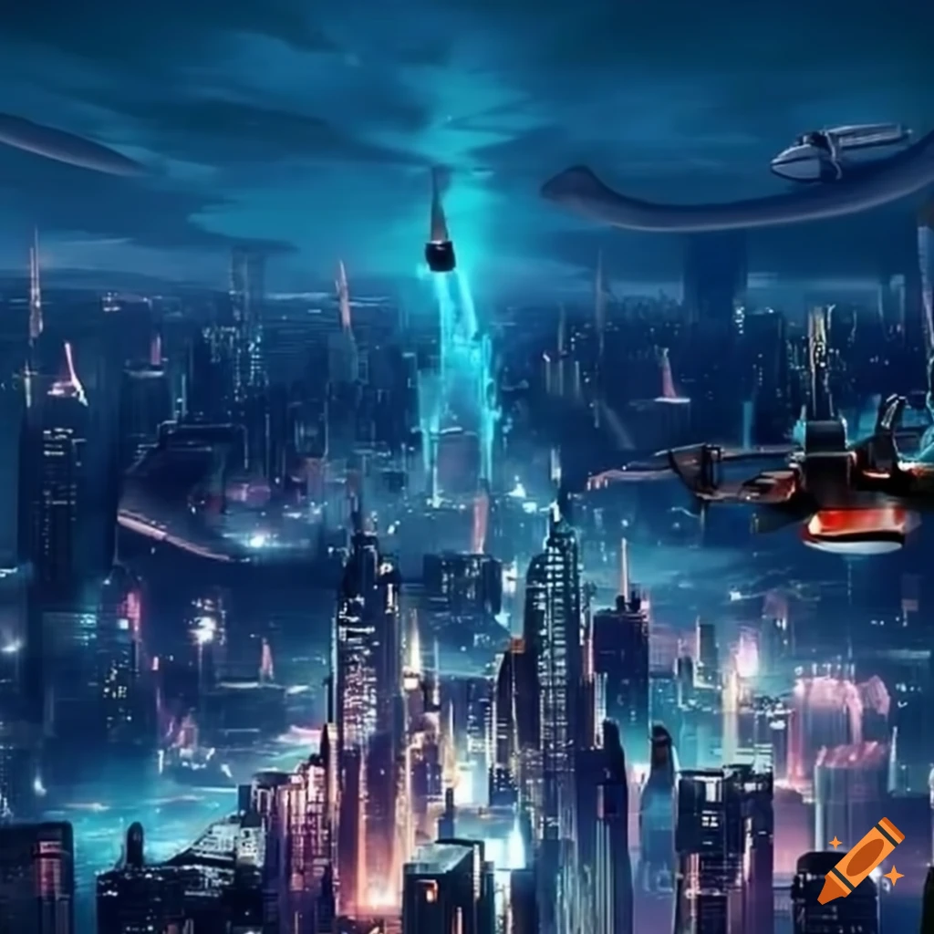 Futuristic city skyline with flying cars on Craiyon