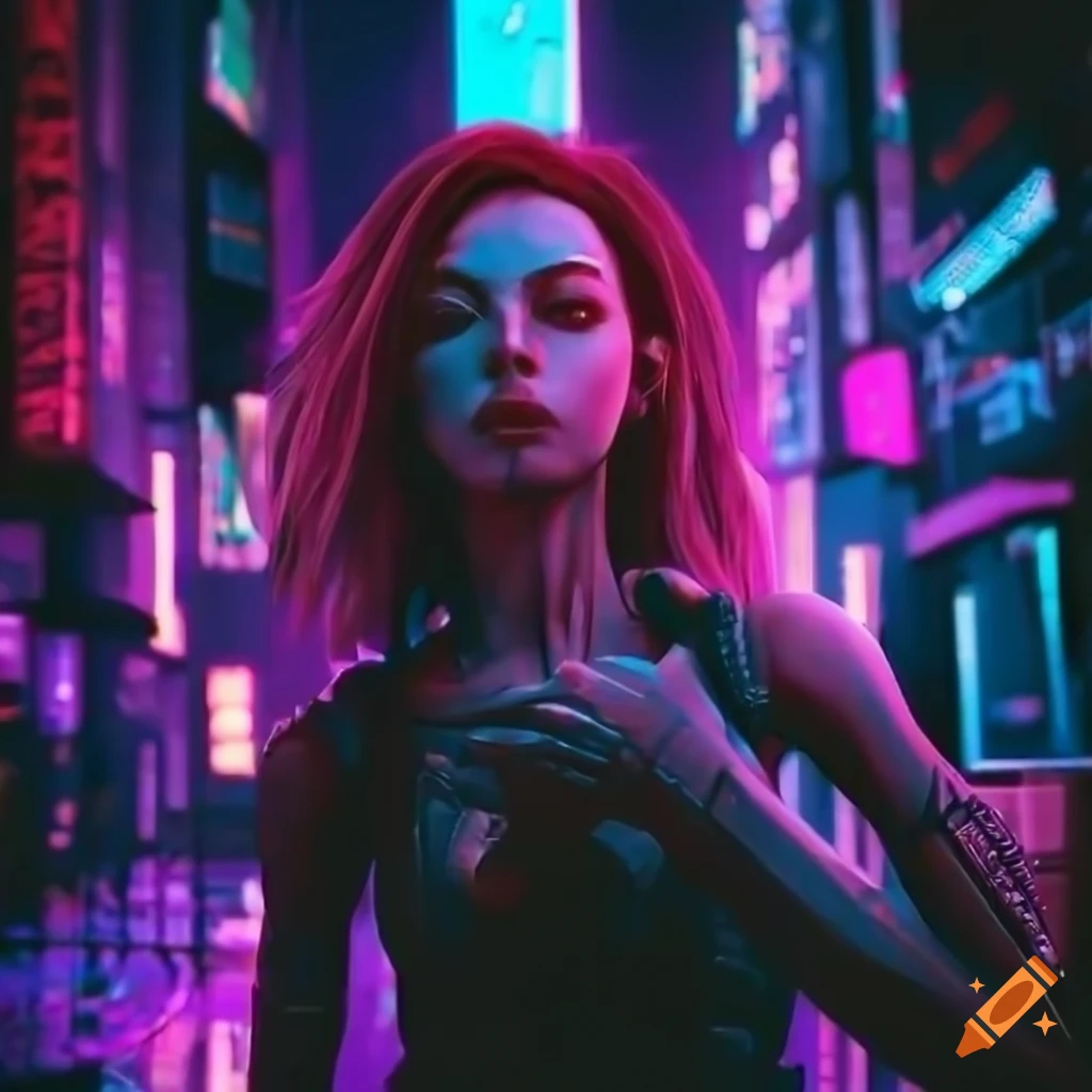 Short haired cyberpunk girl, white hair, colorful splash clothes, several  metal necklaces, futuristic city floor background, james c. christensen  style, --ar (2:3/3:2) no out of frame