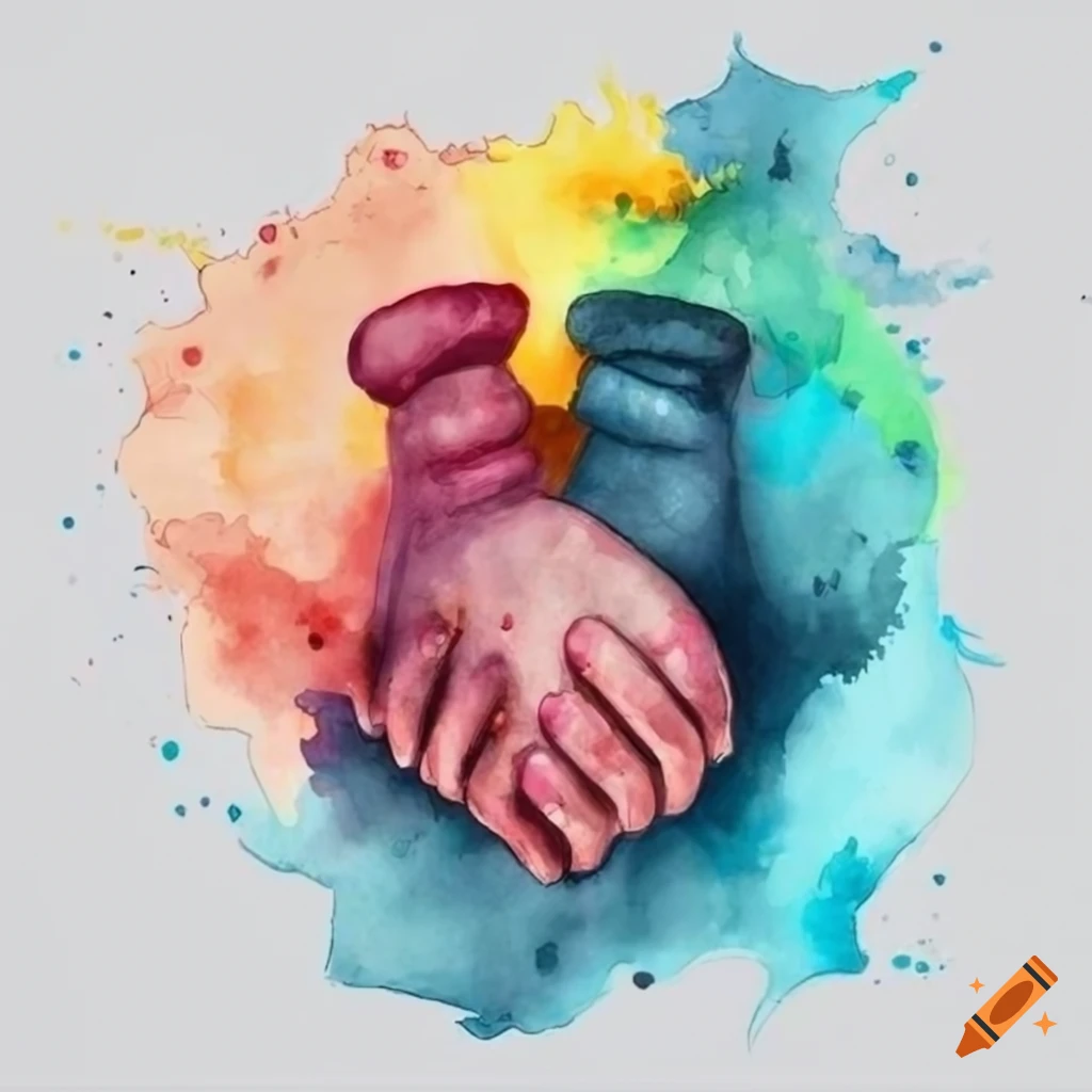 watercolor painting of two hands holding together