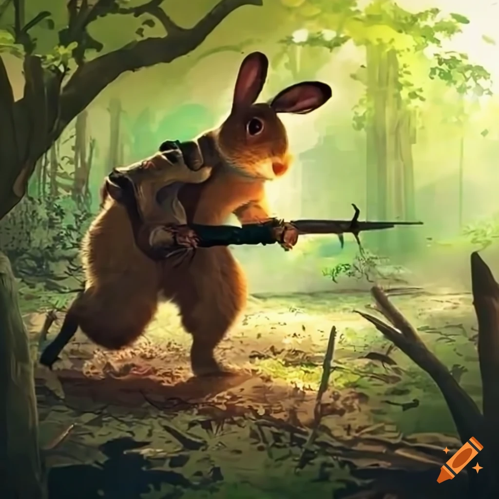 Humorous image of a bunny chasing a hunter on Craiyon