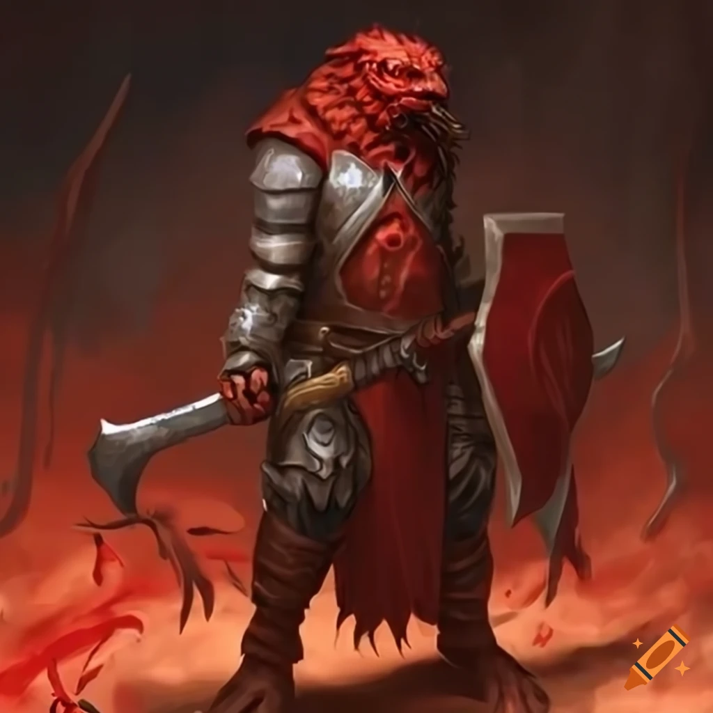 image of a fierce dragonborn warrior with a bloody battleaxe