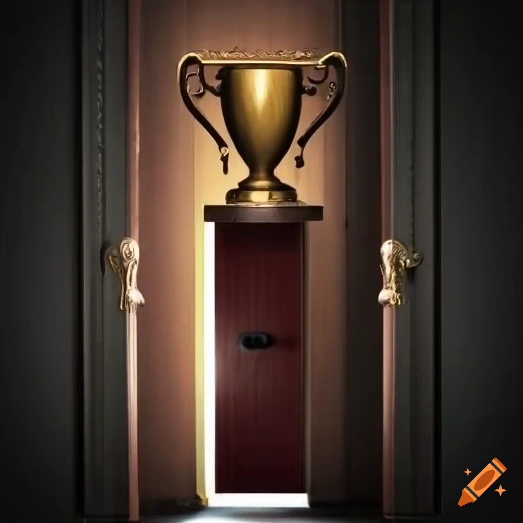 door with a trophy in hand